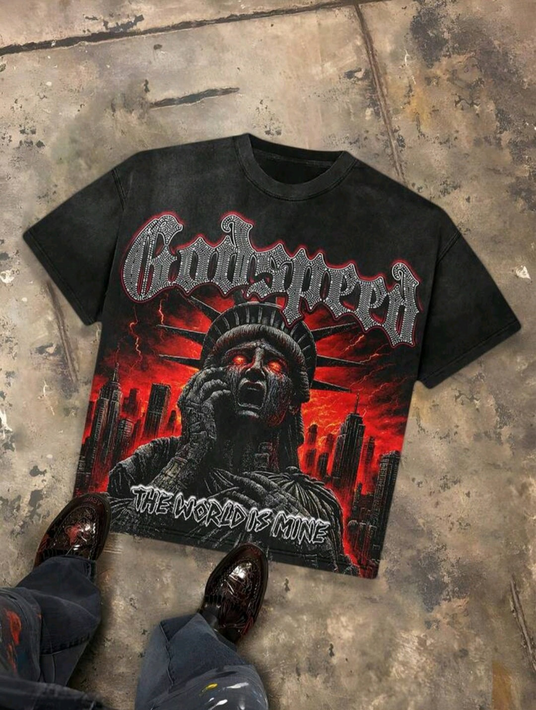 Holly-sleeved graphic shirt of pure short-sleeved cotton with apocalyptic print of "Godspeed The World Is Mine" in casual vintage style, red-eyed city aesthetic, Y2K Streetwear